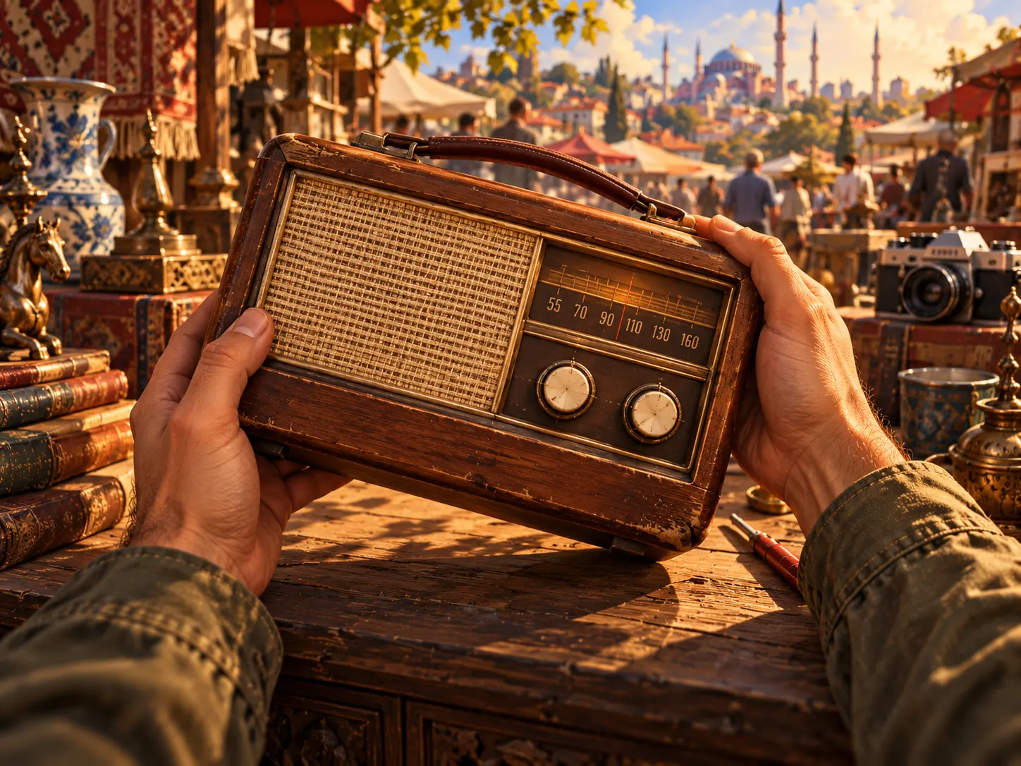 Deux mains examinent de près les surfaces usées d’une radio en bois