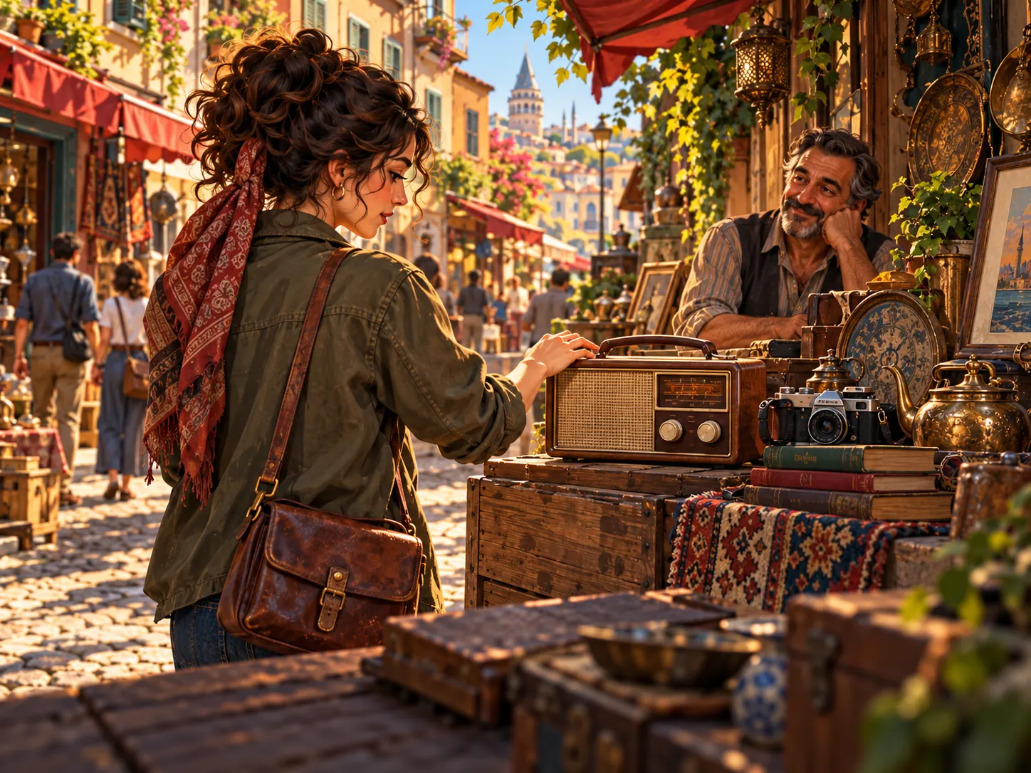 Une commerçante découvre une vieille radio en bois sur un étal ensoleillé d’Istanbul