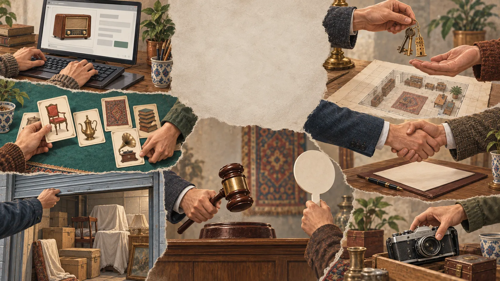 Collage illustré montrant des annonces en ligne, des cartes de collectionneur, un entrepôt, une vente aux enchères, des clés immobilières, du recrutement et un appareil photo pris sur un étal ; seuls des mains et des objets sont visibles.