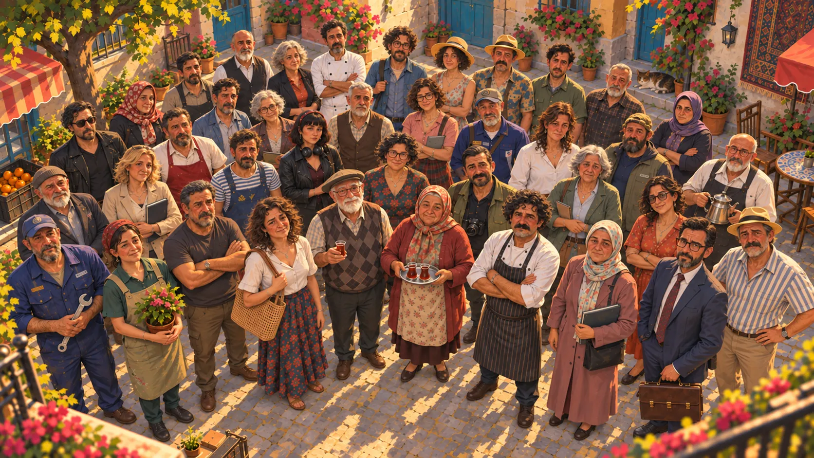 Un grand groupe de personnages variés de BazaarBorn réunis dans une cour ensoleillée d’Istanbul, vus depuis un balcon