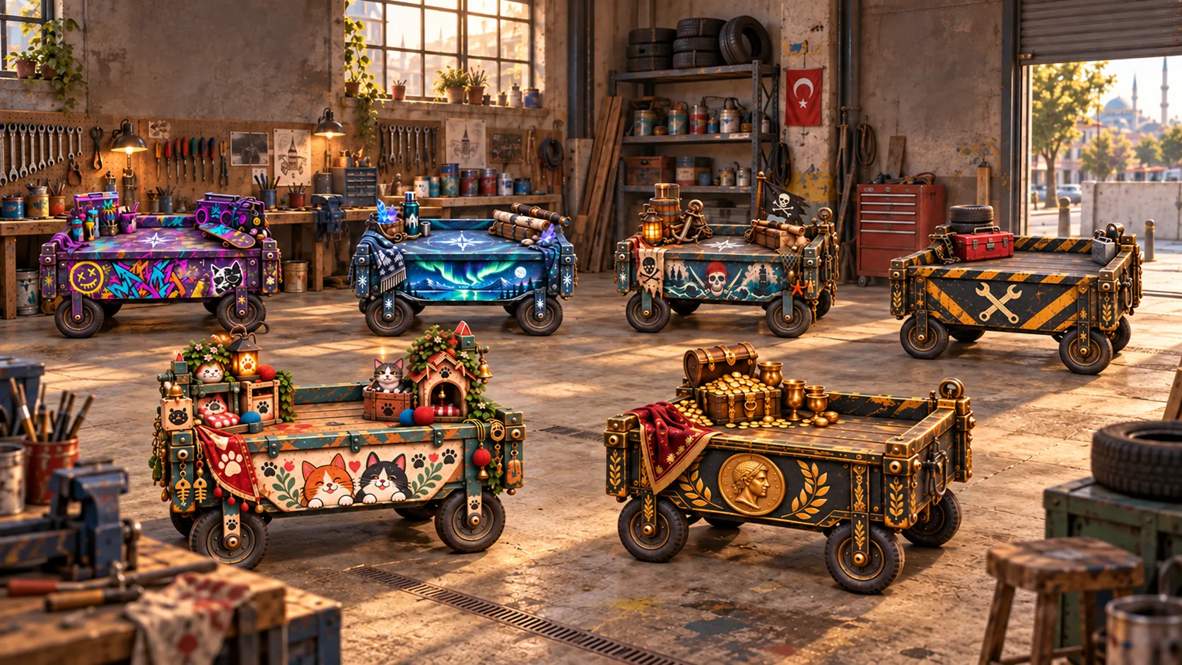 Six charrettes à bras dans un atelier ensoleillé d’Istanbul, décorées sur les thèmes du chat, de l’or, du graffiti, des aurores polaires, des pirates et du style industriel.